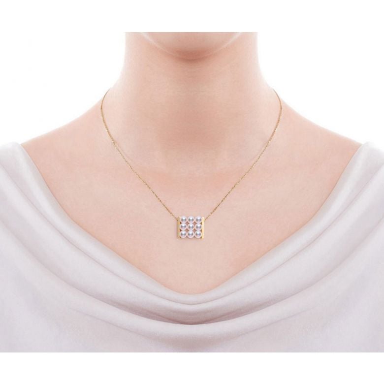 Pendentif 9 perles Akoya. Rails or jaune. Perles damier. Tezuka - 2