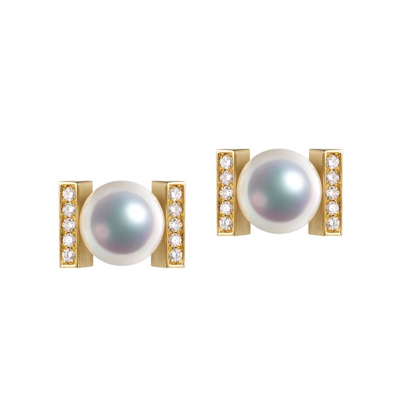 Boucles oreilles modernes forme rail. Or jaune, Diamants et Perles Akoya - 1