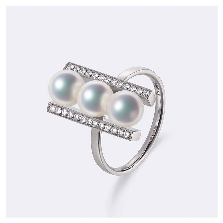 Bague 3 perles Akoya. Monture rail. Or blanc, Diamants - 2