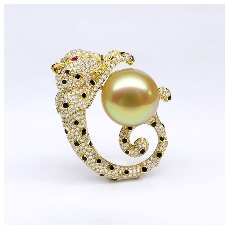 Pendentif Léopard. Perle d'Australie Dorée, Or jaune, Diamants - 6