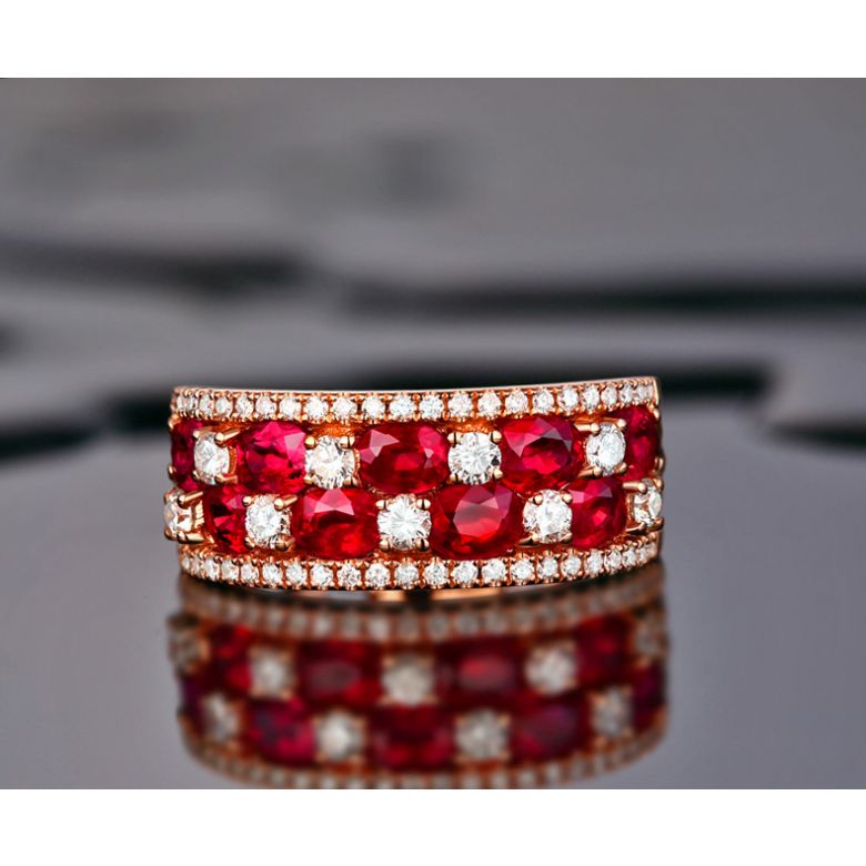 Bague damier Or rose. Rubis et diamants alternés - 4