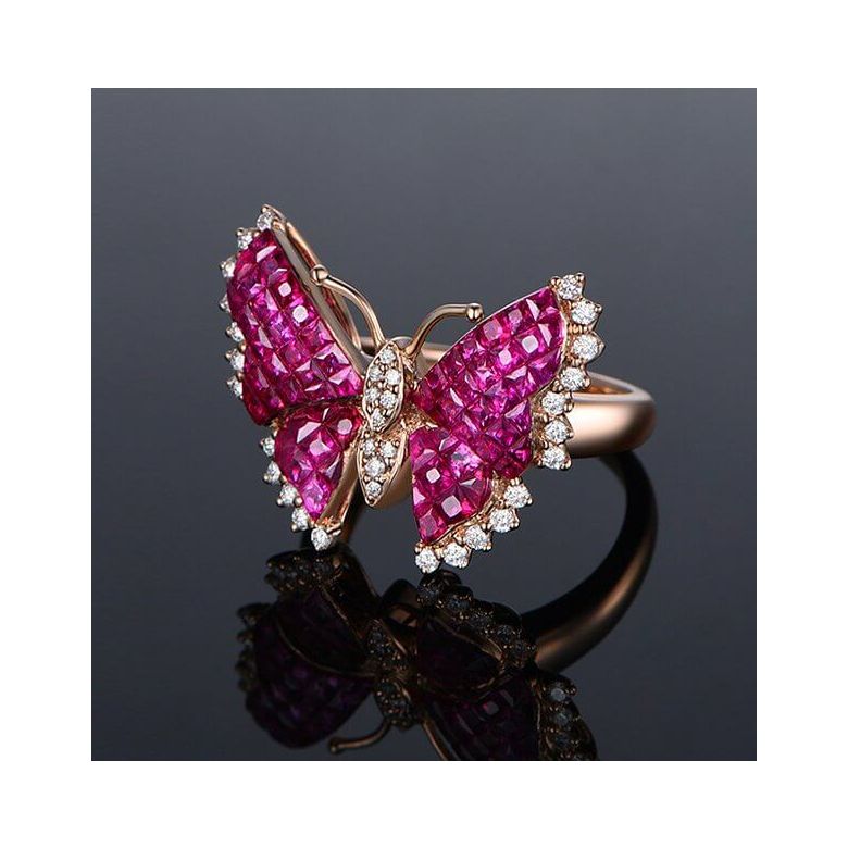 Bague Papillon argent. Rubis Birmanie, Or rose et diamants - 6