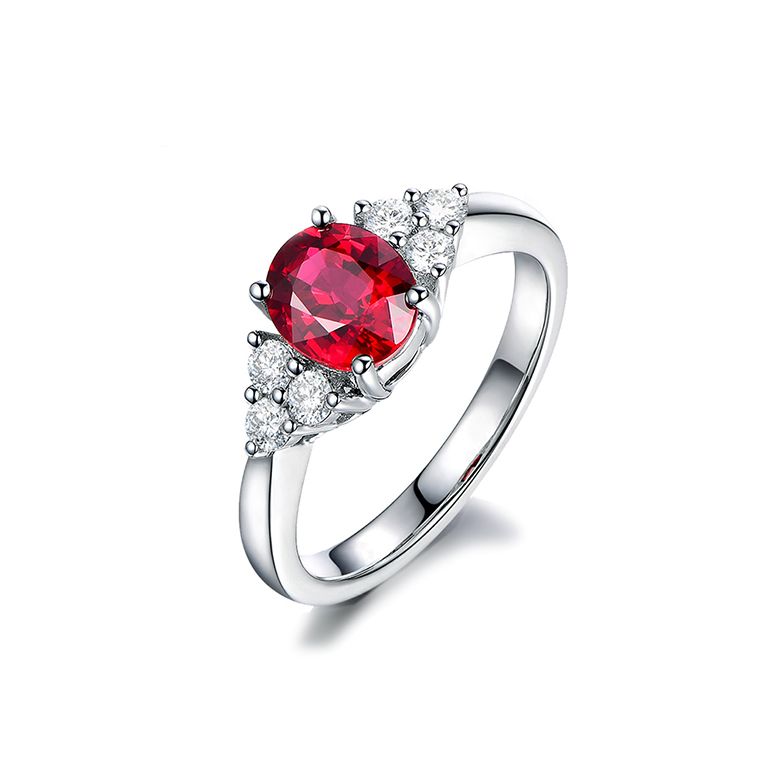 Bague Fiançailles Rubis, Diamants, Or blanc. Douce France - 1