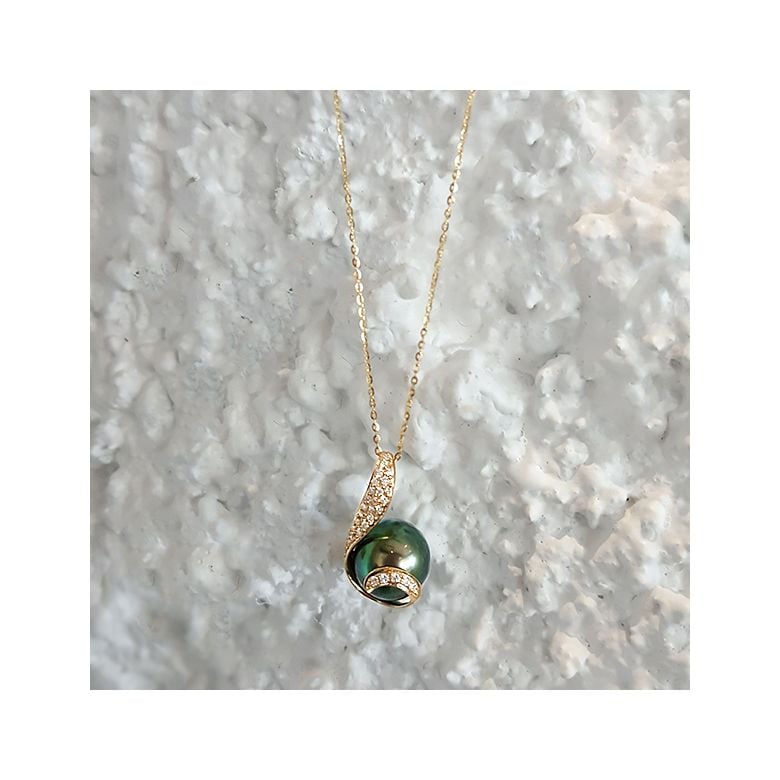 Pendentif écharpe diamantée - Perle de Tahiti noire, bronze - Or jaune - 1