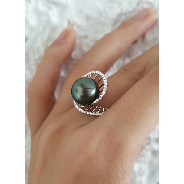 Bague or blanc de forme elliptique - Perle de Tahiti, diamants - 9