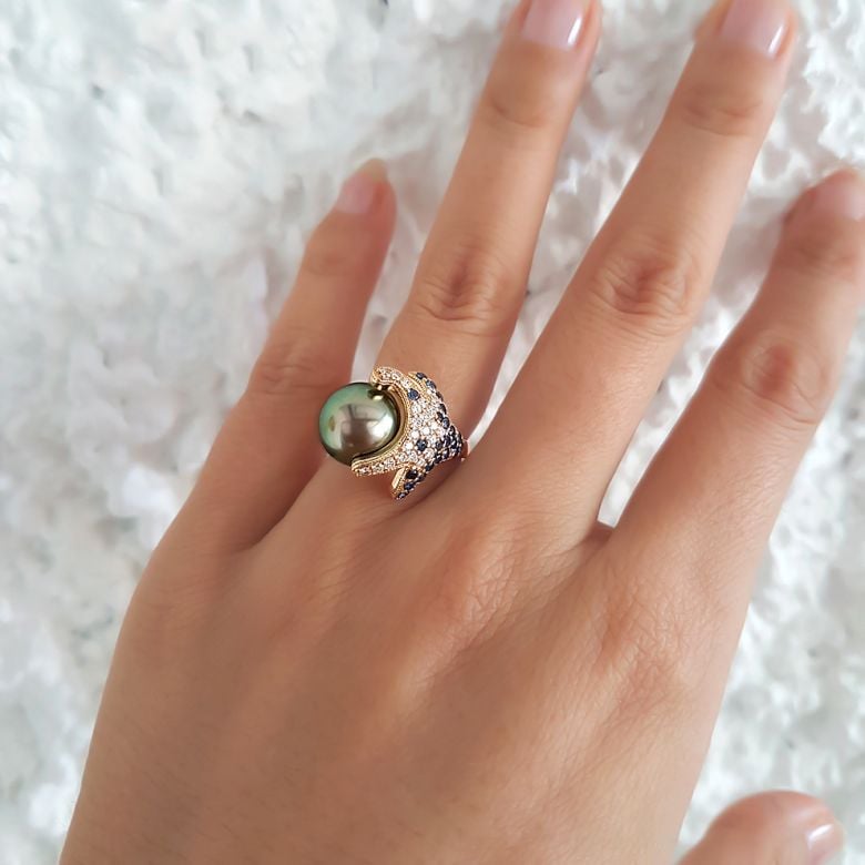 Bague étoile de mer - Perle de Tahiti - Or jaune, diamants, saphirs - 9