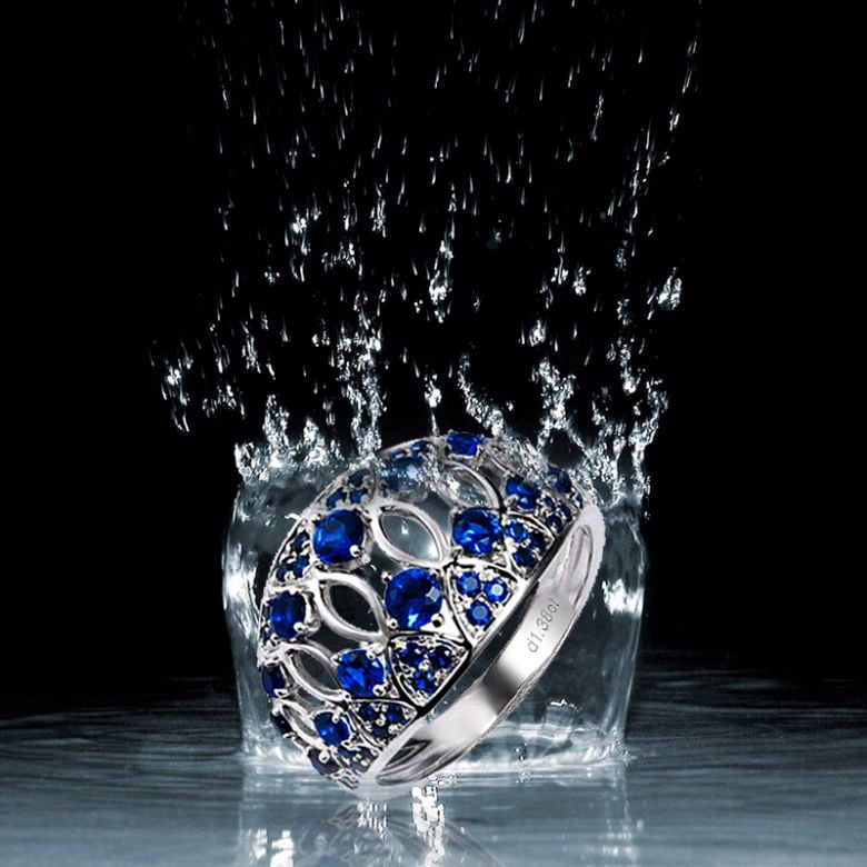 Bague saphir & or blanc ciselé - 5