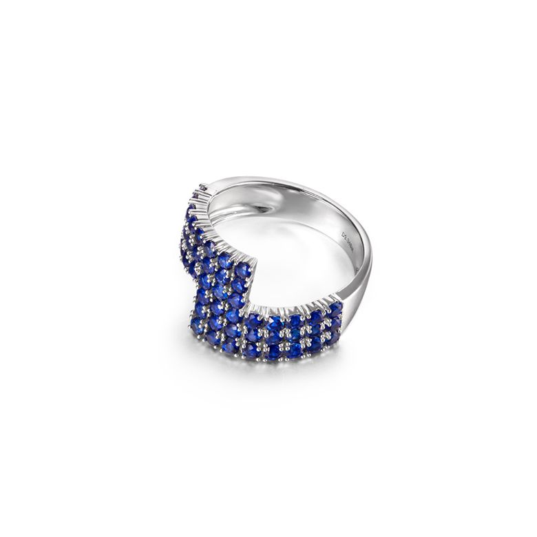 Bague contemporaine or blanc. Pavage géométrique saphir  - 8