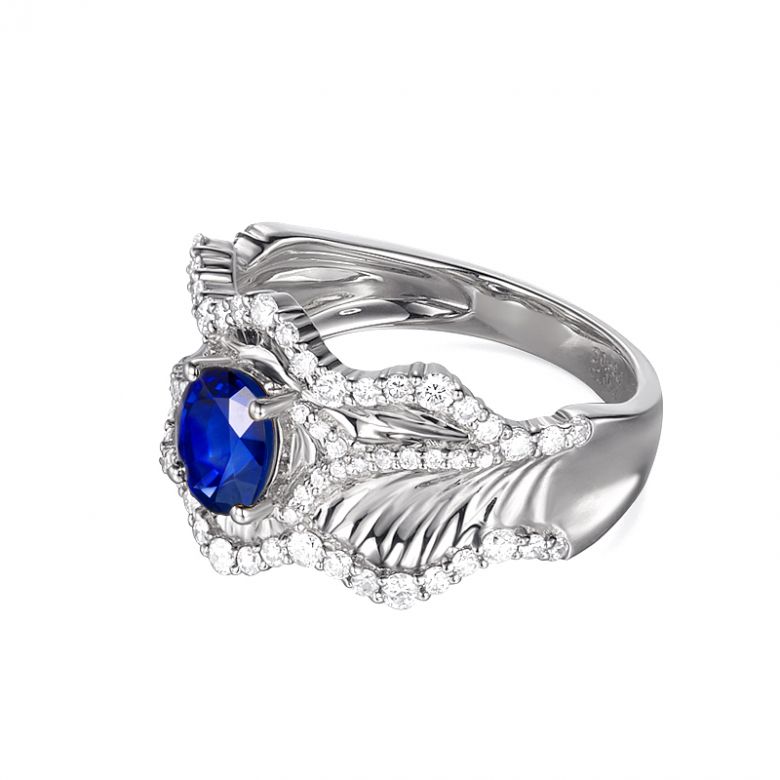 Bague floraison saphir ovale 1.10cts & diamants. Or blanc - 7