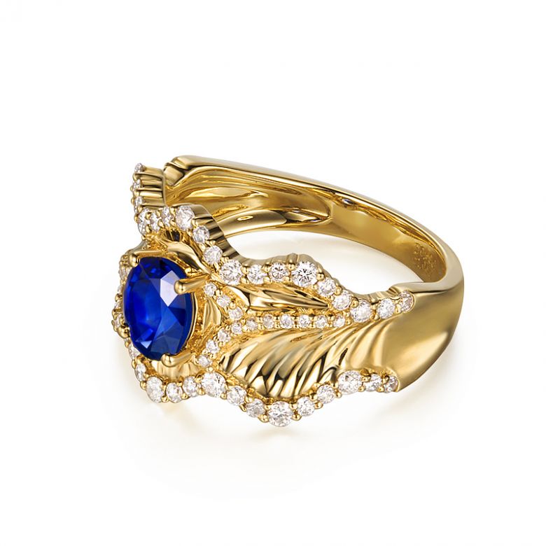 Bague floraison saphir ovale 1.10cts & diamants. Or jaune - 4