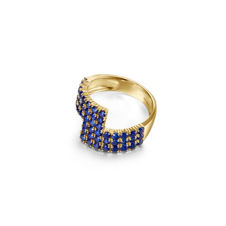 Bague contemporaine or jaune. Pavage géométrique saphir  - 6