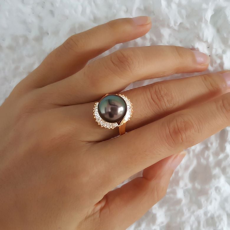 Bague couronne diamantée - Perle de Tahiti, or blanc - 2