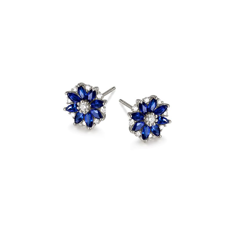 Boucle oreille Blue Mist, fleur de brume bleue - Saphir, diamant, Or blanc - 1
