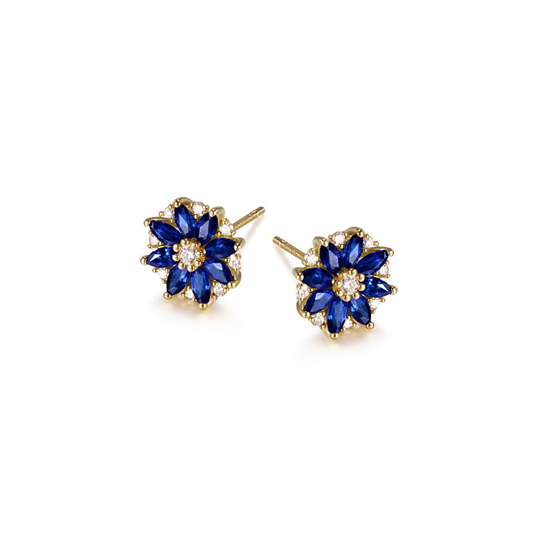 Boucle oreille Blue Mist, fleur de brume bleue - Saphir, diamant, Or jaune - 1