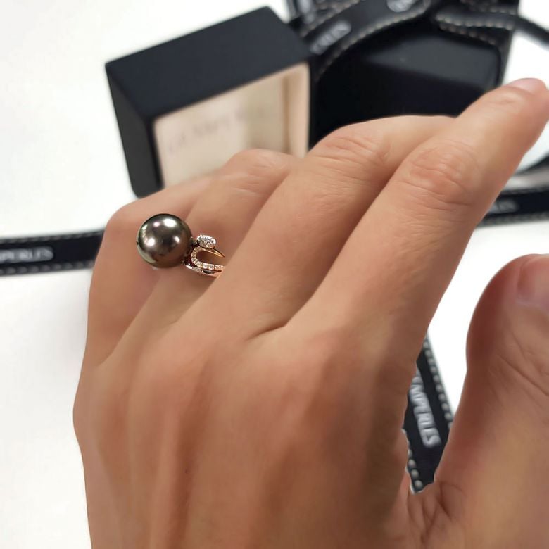 Bague deux ors - Perle de Tahiti noire, paon - Diamants - 3
