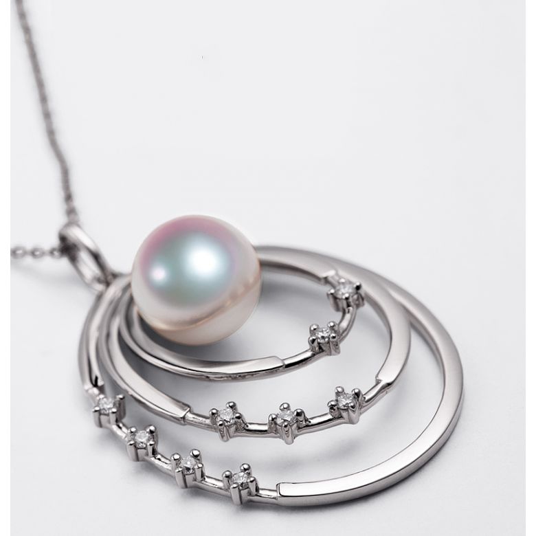 Pendentif perle Akoya Or blanc et diamants. Triple cercle - 4