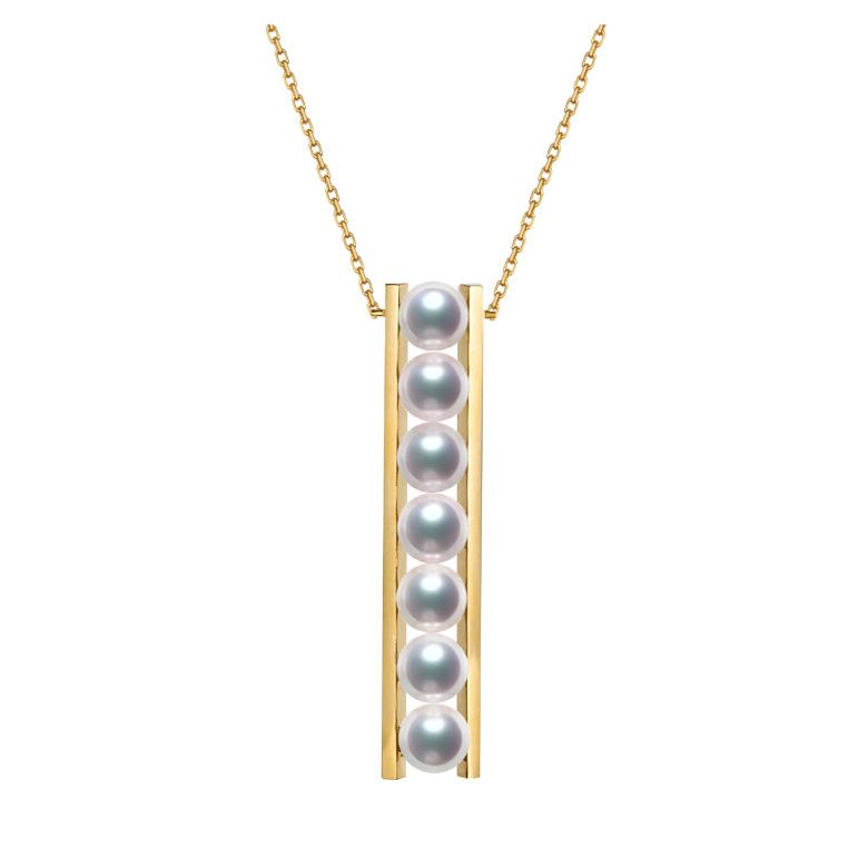 Pendentif 9 perles Akoya et or jaune. Disposition rail. Tsukushi - 1