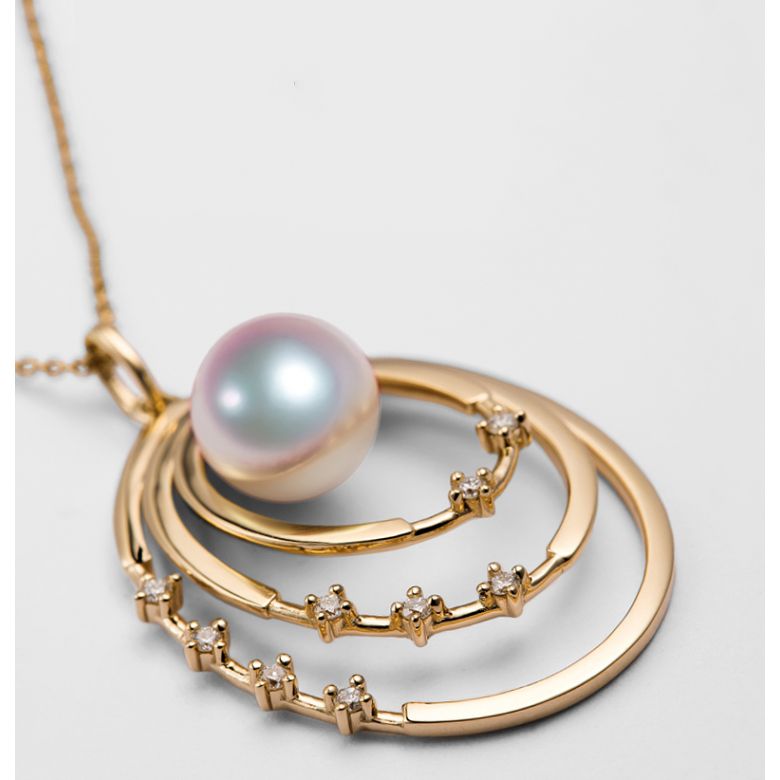 Pendentif perle Akoya Or jaune et diamants. Triple cercle - 4