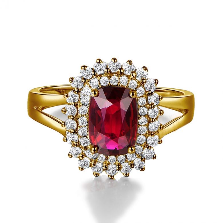 Bague rubis sertie d'une double rangée de diamants. Or jaune - 6