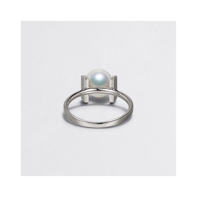 Bague monture rail. Or blanc, Diamants sertis et Perle Akoya - 6