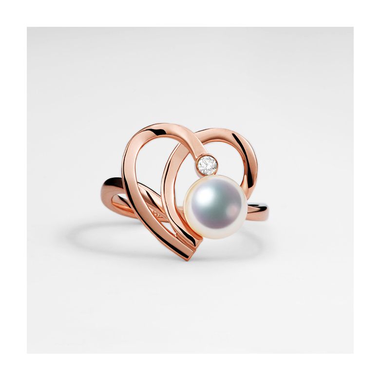 Bague double coeur stylisé Chiaky. Perle Akoya, Or rose - 6