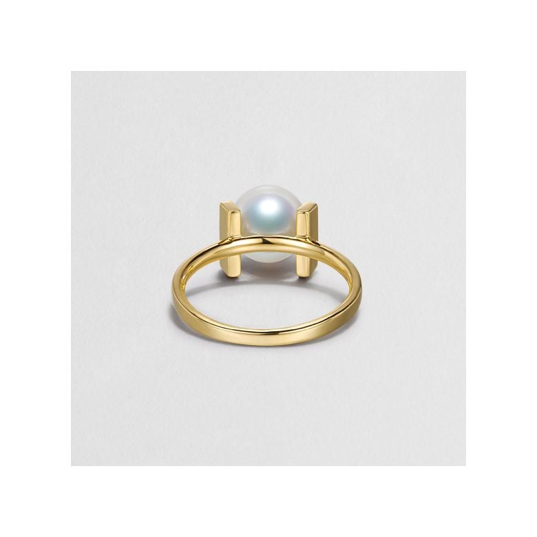 Bague monture rail. Or jaune, Diamants sertis et Perle Akoya - 7
