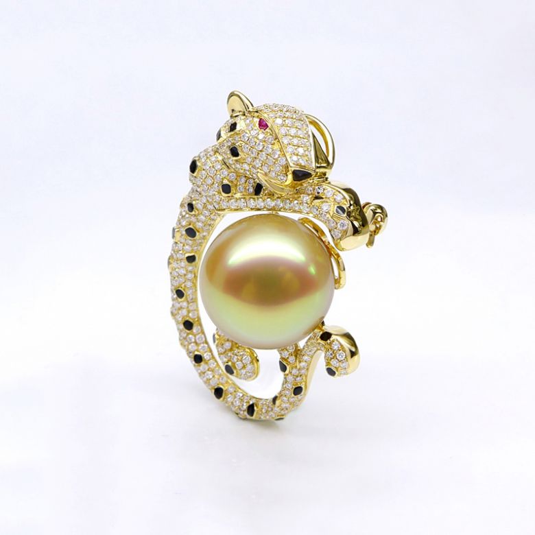 Pendentif Léopard. Perle d'Australie Dorée, Or jaune, Diamants - 8