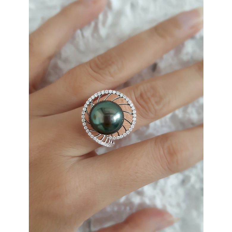 Bague or blanc de forme elliptique - Perle de Tahiti, diamants - 5