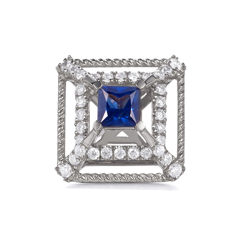 Boucle d Oreille carré de lumière - Or blanc, saphir, diamant - 3