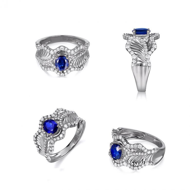 Bague floraison saphir ovale 1.10cts & diamants. Or blanc - 8