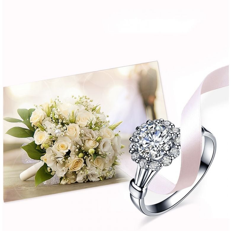 Bague de fiancailles solitaire accompagné, surplombé diamants - 0.43ct - 8