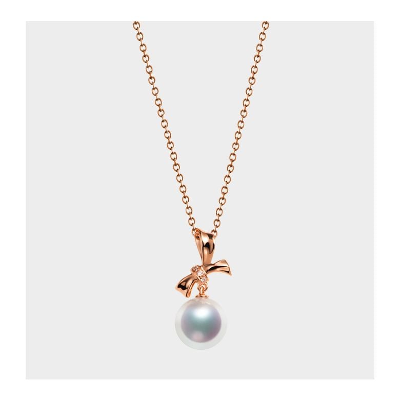 Pendentif Noeud avec ganse. Perle Akoya, Or rose, Diamants - 7