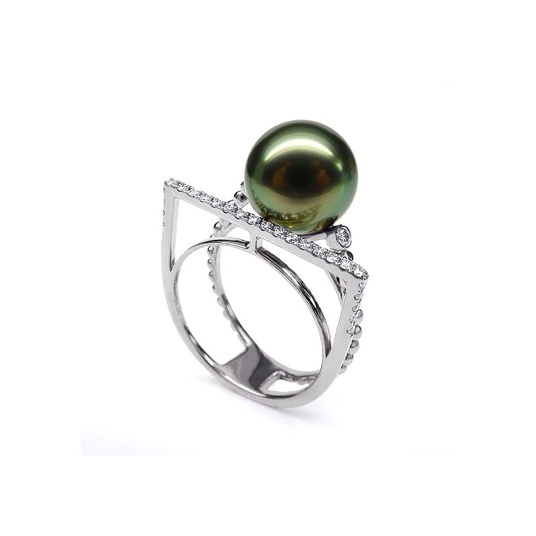 Bague perle de Tahiti, Or blanc, diamants - Saperlipopette - 5