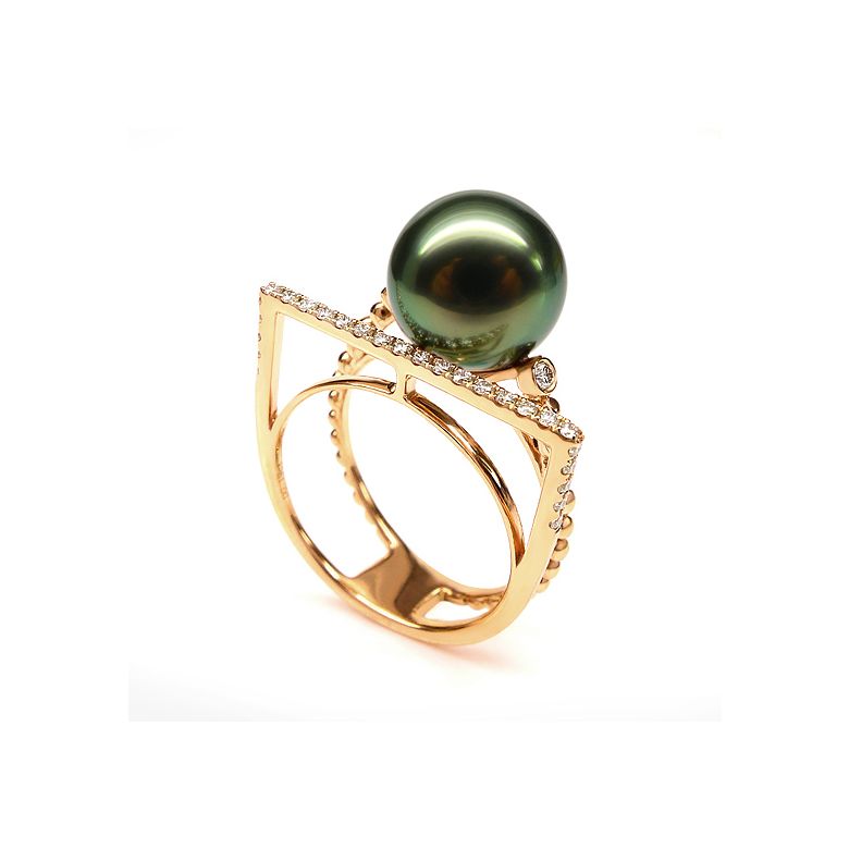 Bague perle de Tahiti, Or jaune, diamants - Saperlipopette - 4