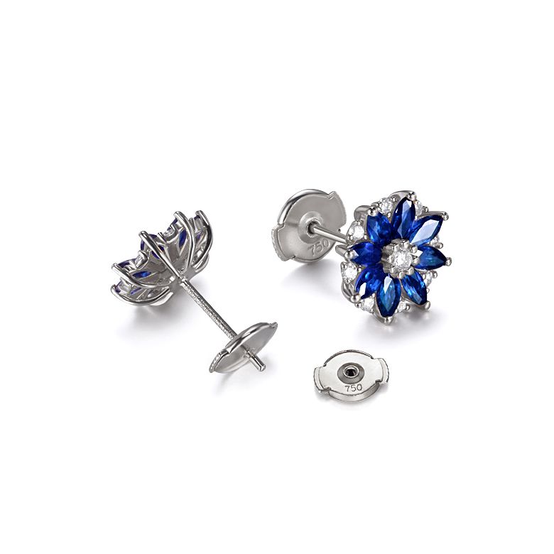 Boucle oreille Blue Mist, fleur de brume bleue - Saphir, diamant, Or blanc - 6