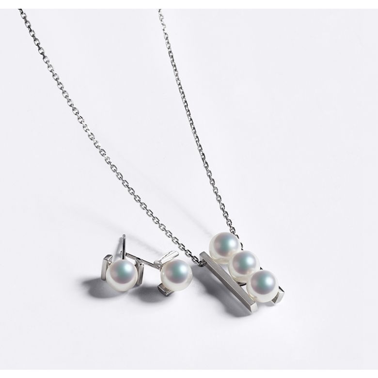 Pendentif 3 perles Akoya et or blanc. Disposition rail. Takana - 5