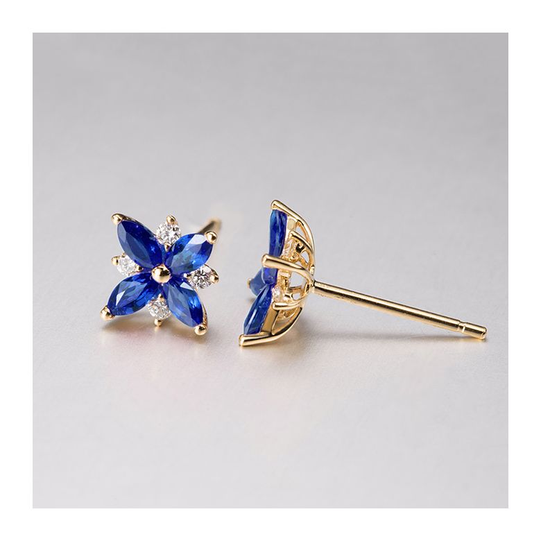 Boucle oreille fleur saphir bleu, diamant, or jaune - Véronique des ruisseaux - 6