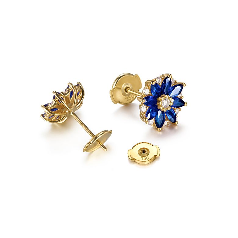 Boucle oreille Blue Mist, fleur de brume bleue - Saphir, diamant, Or jaune - 6