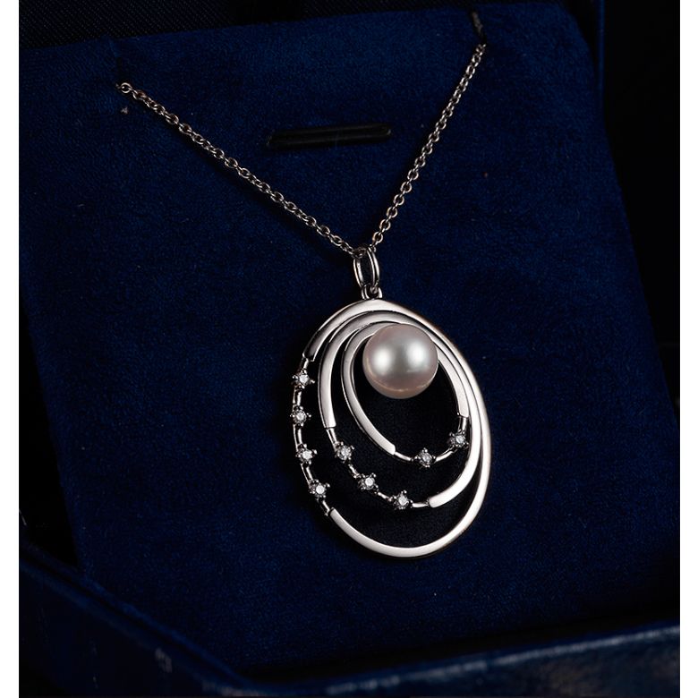 Pendentif perle Akoya Or blanc et diamants. Triple cercle - 3