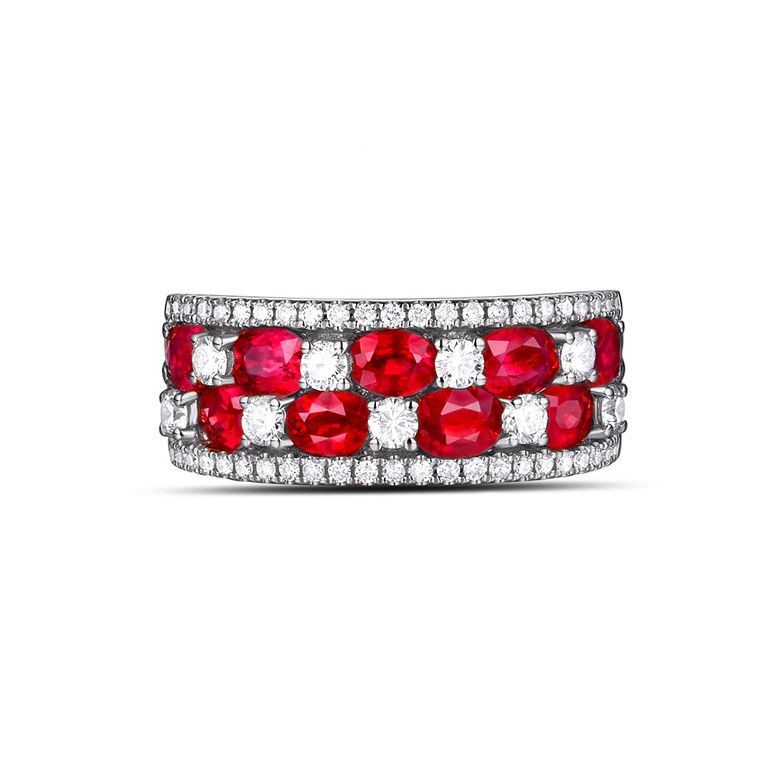 Bague damier Or blanc. Rubis et diamants alternés - 5