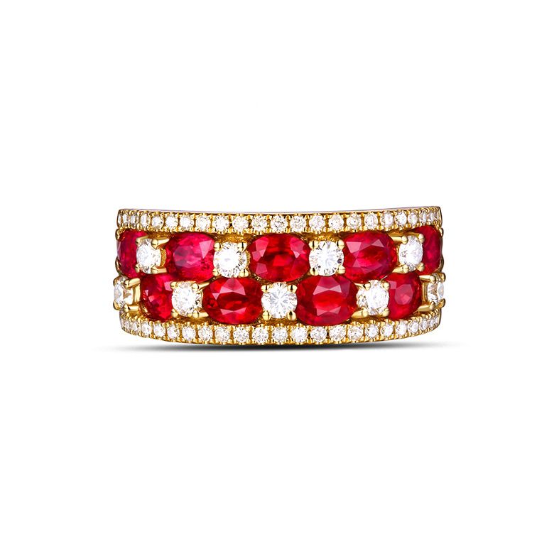 Bague damier Or jaune. Rubis et diamants alternés - 5