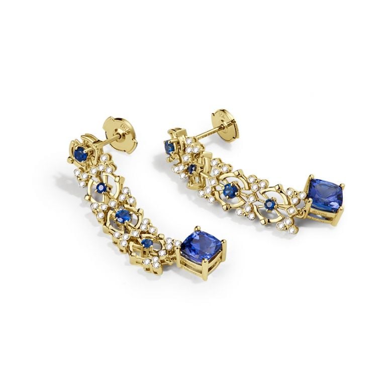 Boucle d oreille Saphir bleu, diamant - Or jaune - 5