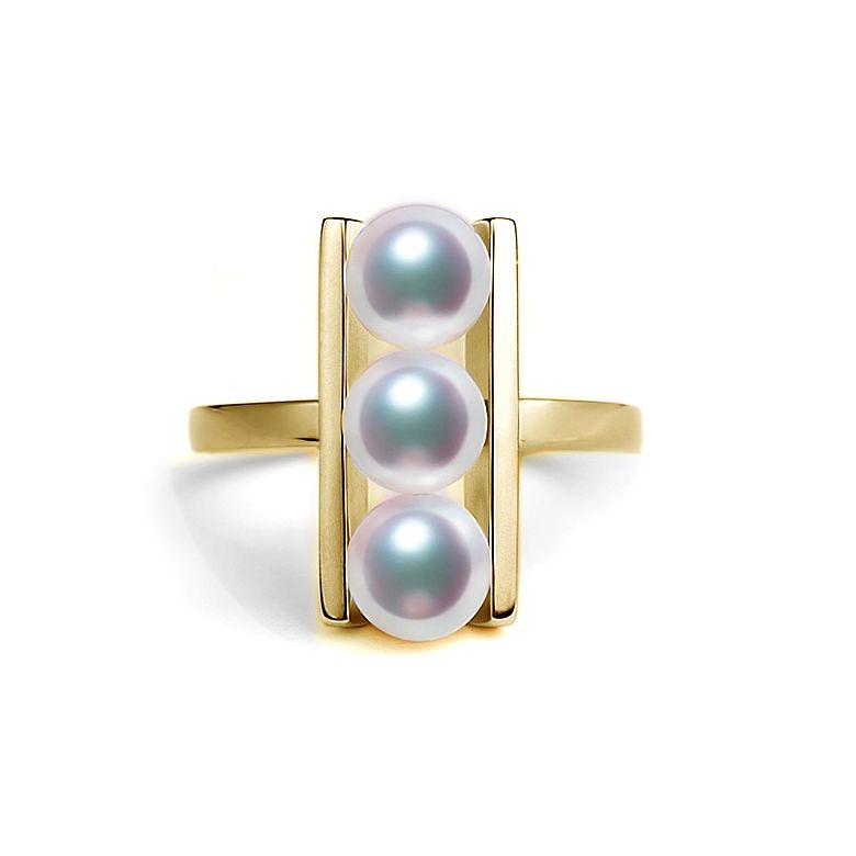 Bague 3 perles Akoya alignées et or jaune 18 carats - 1