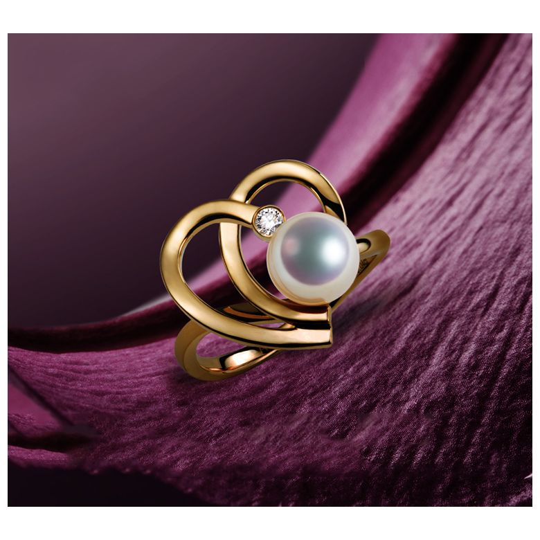 Bague double coeur stylisé Chiaky. Perle Akoya, Or jaune - 3