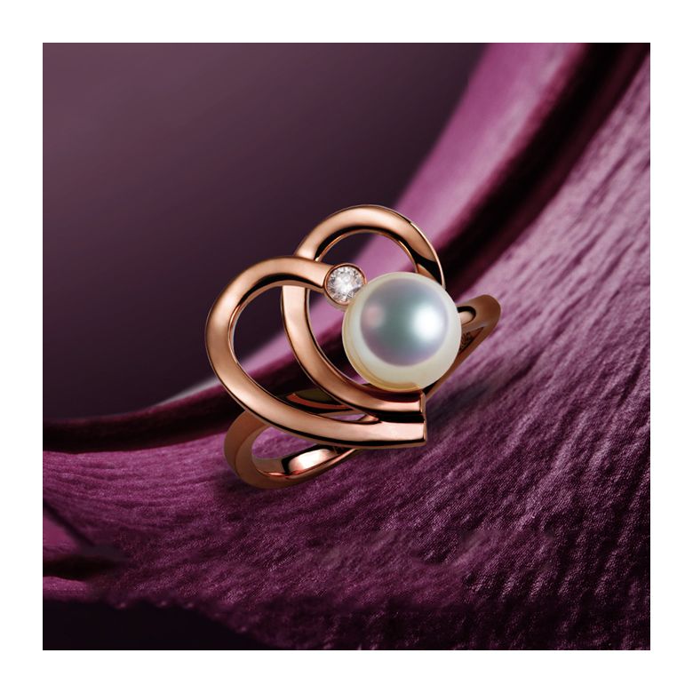 Bague double coeur stylisé Chiaky. Perle Akoya, Or rose - 3