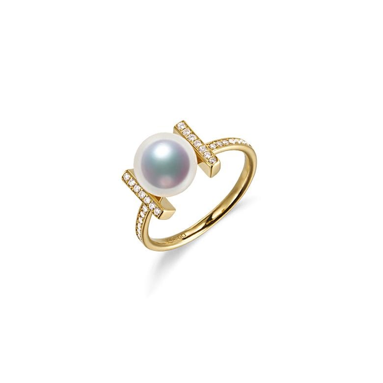 Bague monture rail. Or jaune, Diamants sertis et Perle Akoya - 6