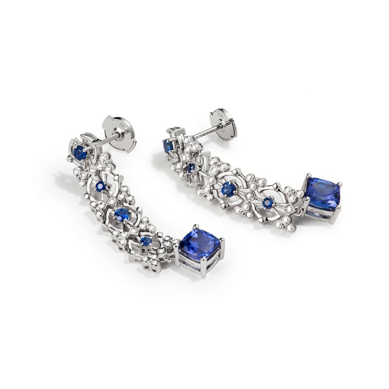 Boucle d oreille saphir bleu, diamant - Or blanc - 8