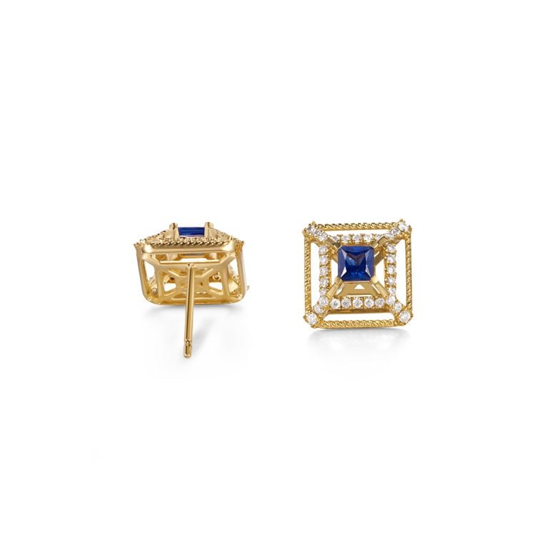 Boucle d Oreille carré de lumière - Or jaune, saphir, diamant - 5