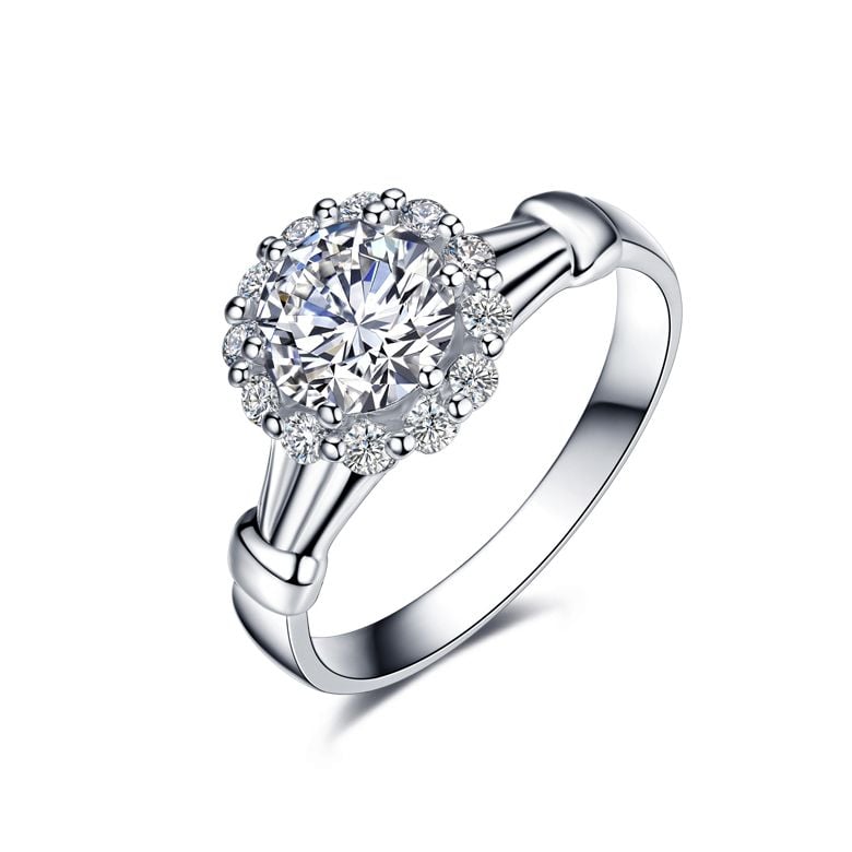 Bague de fiancailles solitaire accompagné, surplombé diamants - 0.43ct - 1