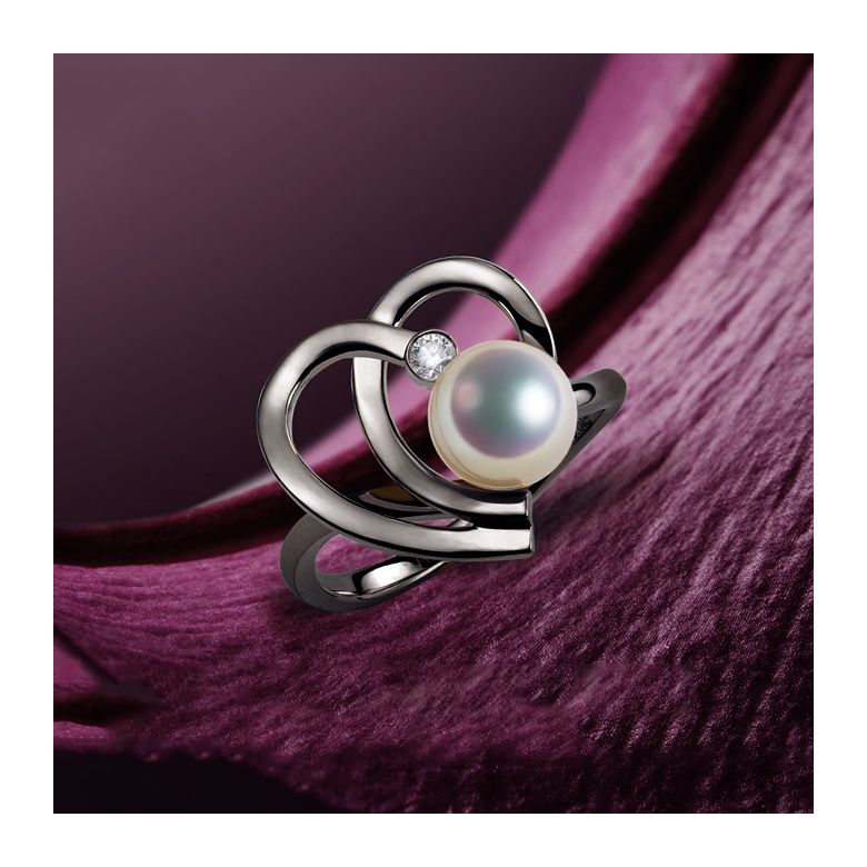 Bague double coeur stylisé Chiaky. Perle Akoya, Or blanc - 3